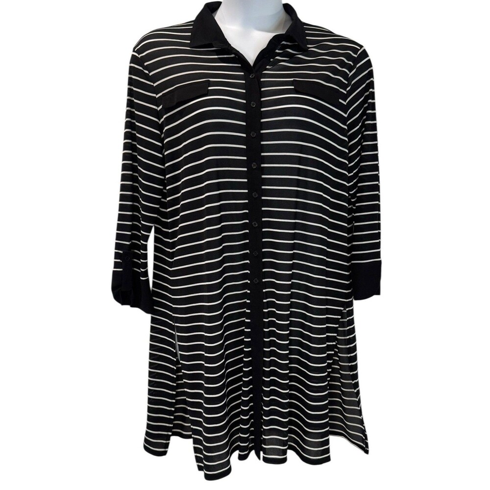 Chico’s Size 3 (Women’s XL) Button Front Striped Long Cardigan Black Side Slit